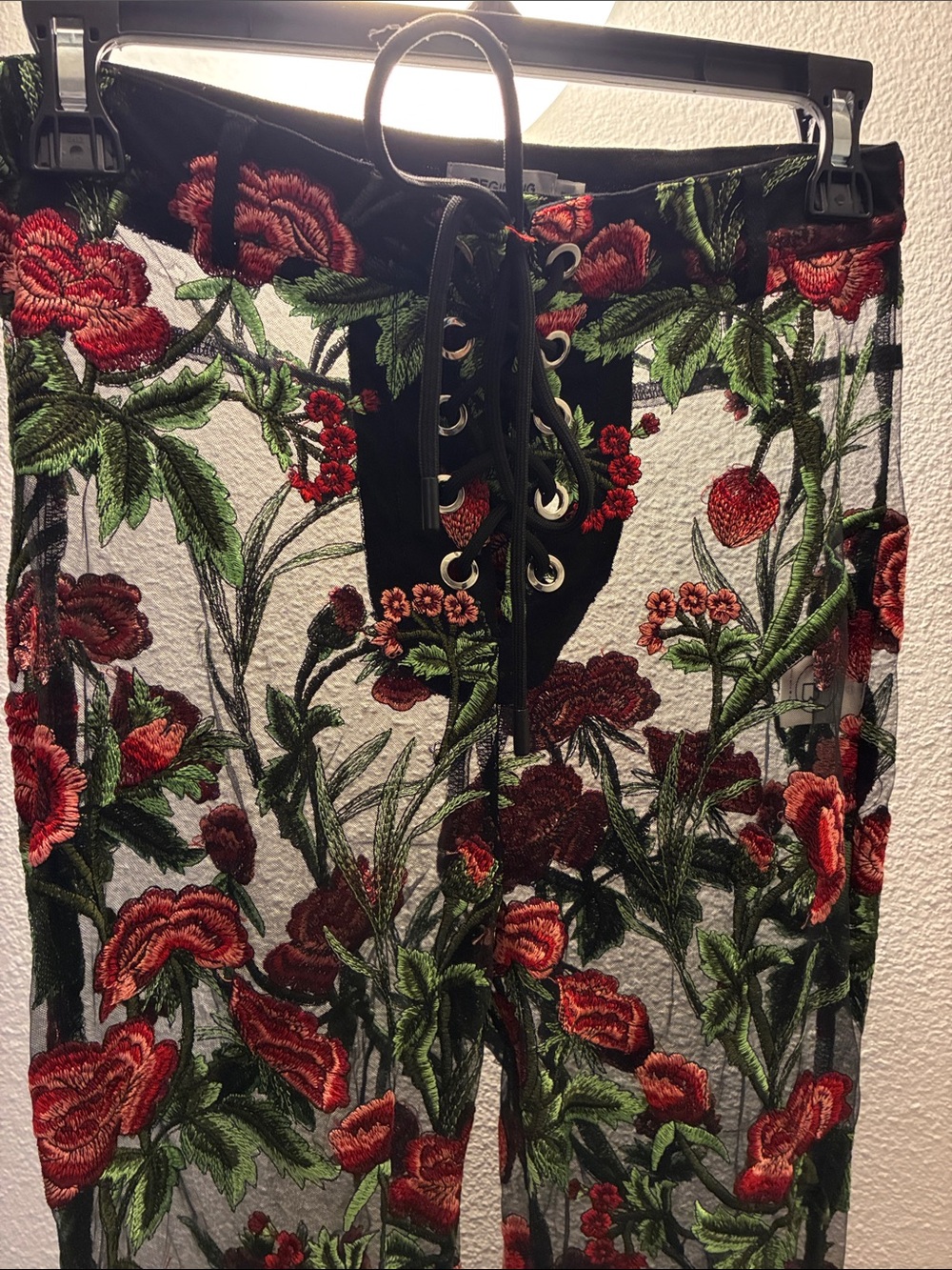 Beginning Boutique Black Sheer lace front Pants with Red Floral Embroidery Small - Picture 3 of 10